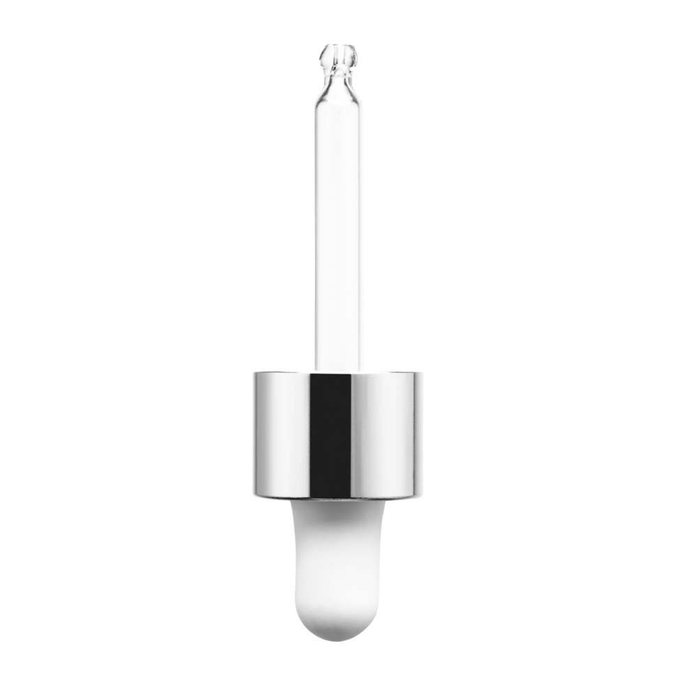 Nahaufnahme einer Serum-Pipette mit silbernem Verschluss. Klares Glas.