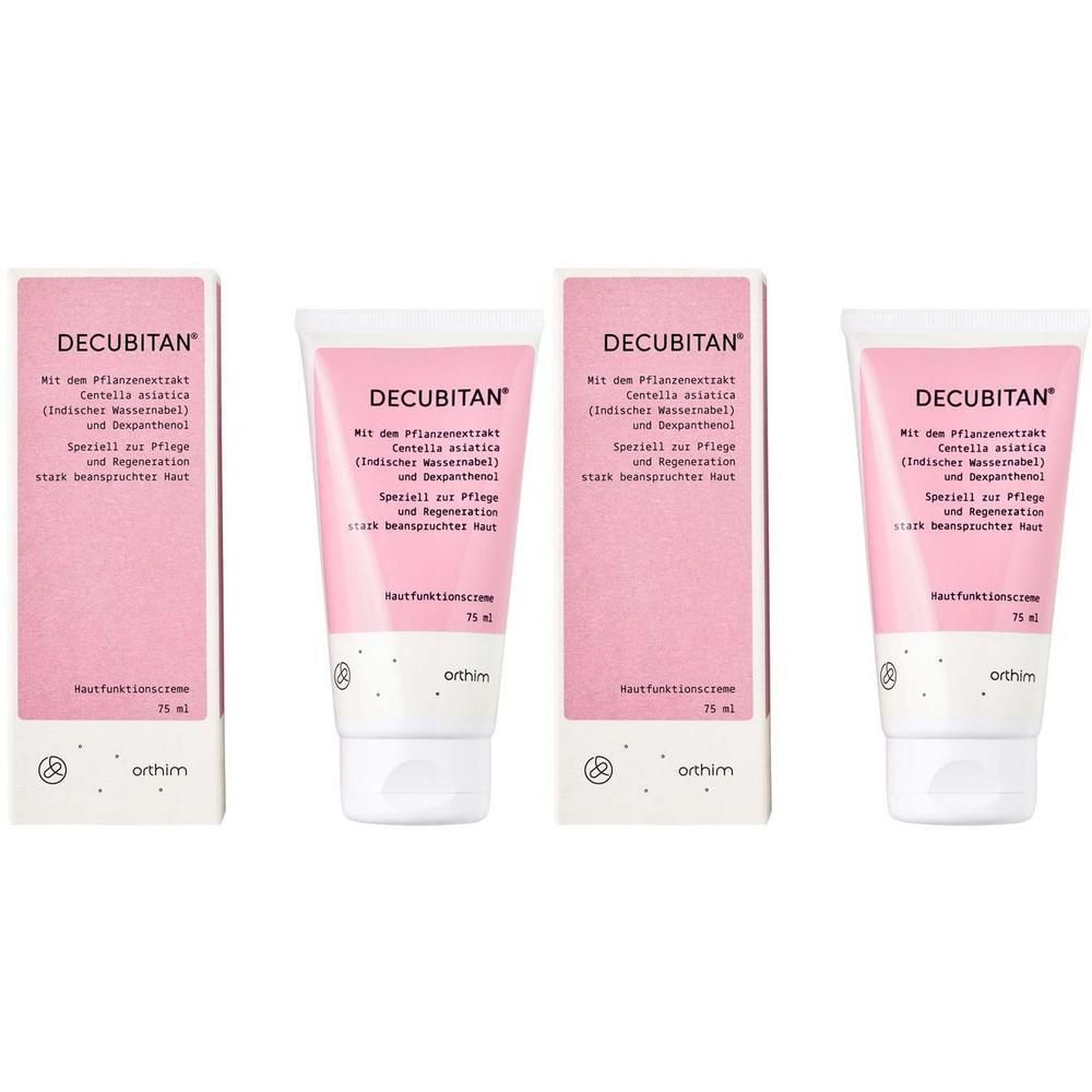 Vier Packungen und Tuben Hautfunktionscreme. Rosa Verpackung mit Produktnamen und Text. Tuben mit weißem Verschluss.