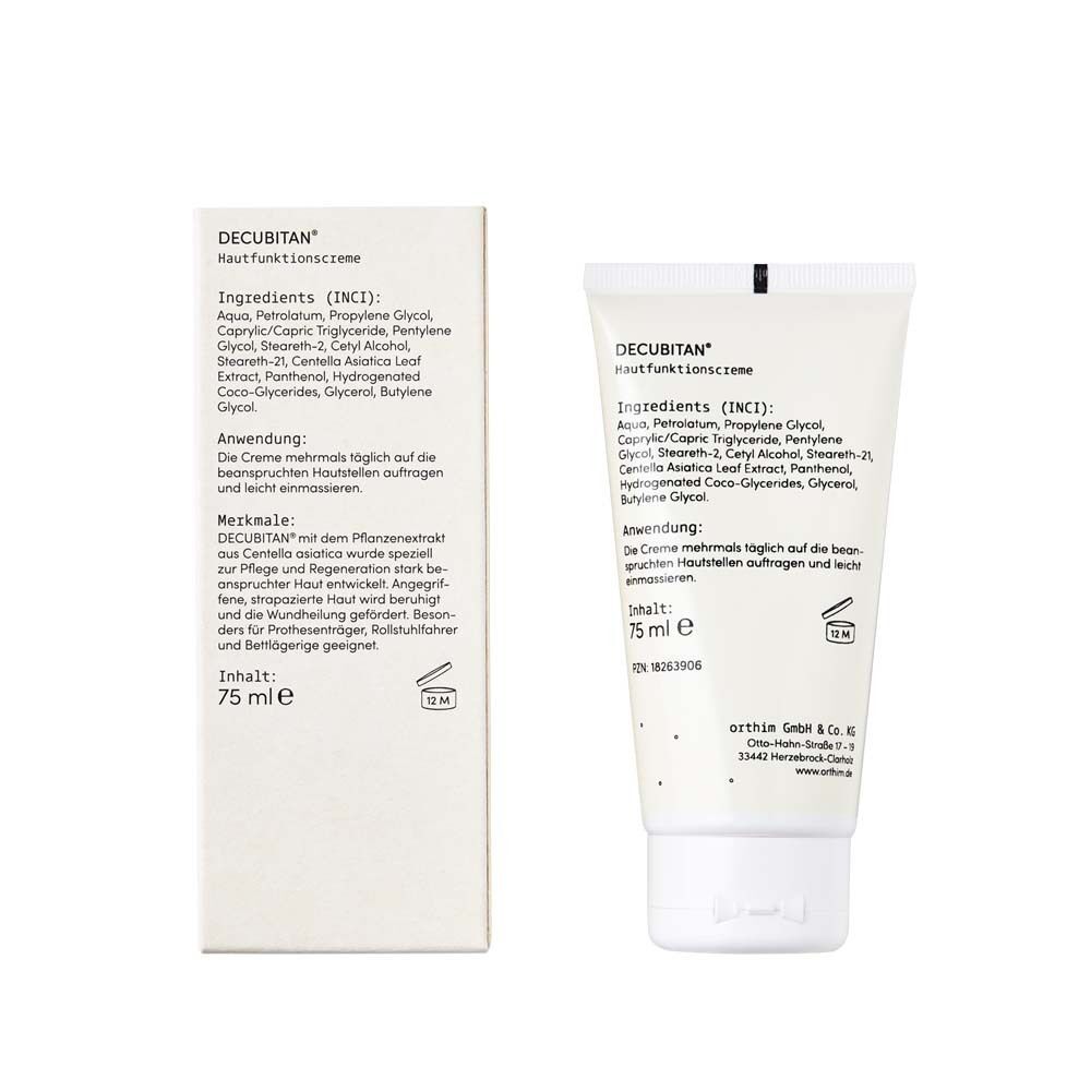 Hautfunktionscreme-Tube und Verpackung. Beide zeigen Produktnamen und Inhaltsstoffe. Tube: 75 ml. Verpackung: Text und Inhaltsstoffe.