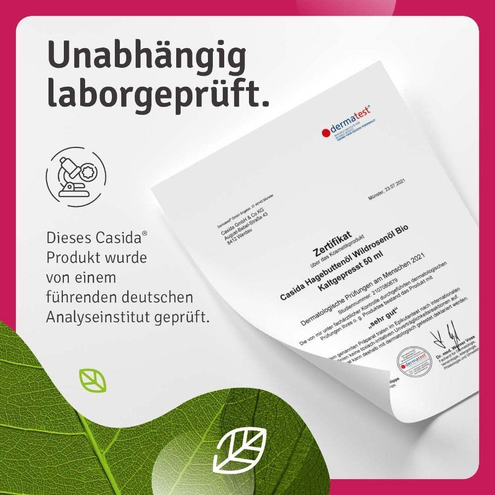 Zertifikat: Casida Hagebuttenöl Wildrosenöl Bio kaltgepresst 80 ml. Dermatest-Zertifizierung. Sehr gut.