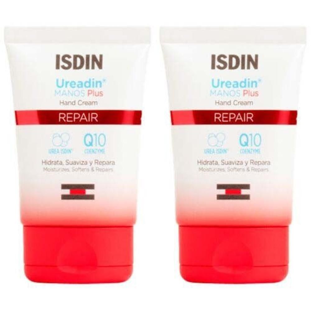 Zwei Tuben ISDIN Ureadin MANOS Plus Handcreme. Weiß-rote Tuben mit Produktnamen und Inhaltsstoffen. Rote Kappe.