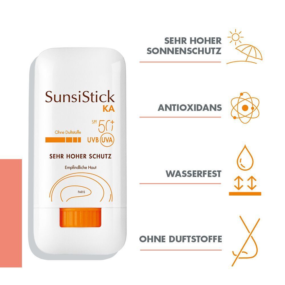 Weißer Stick mit orangefarbenem Applikator. Aufschrift: SunsiStick KA SPF 50+. Sehr hoher Schutz. Ohne Duftstoffe. Zusätzliche Icons.