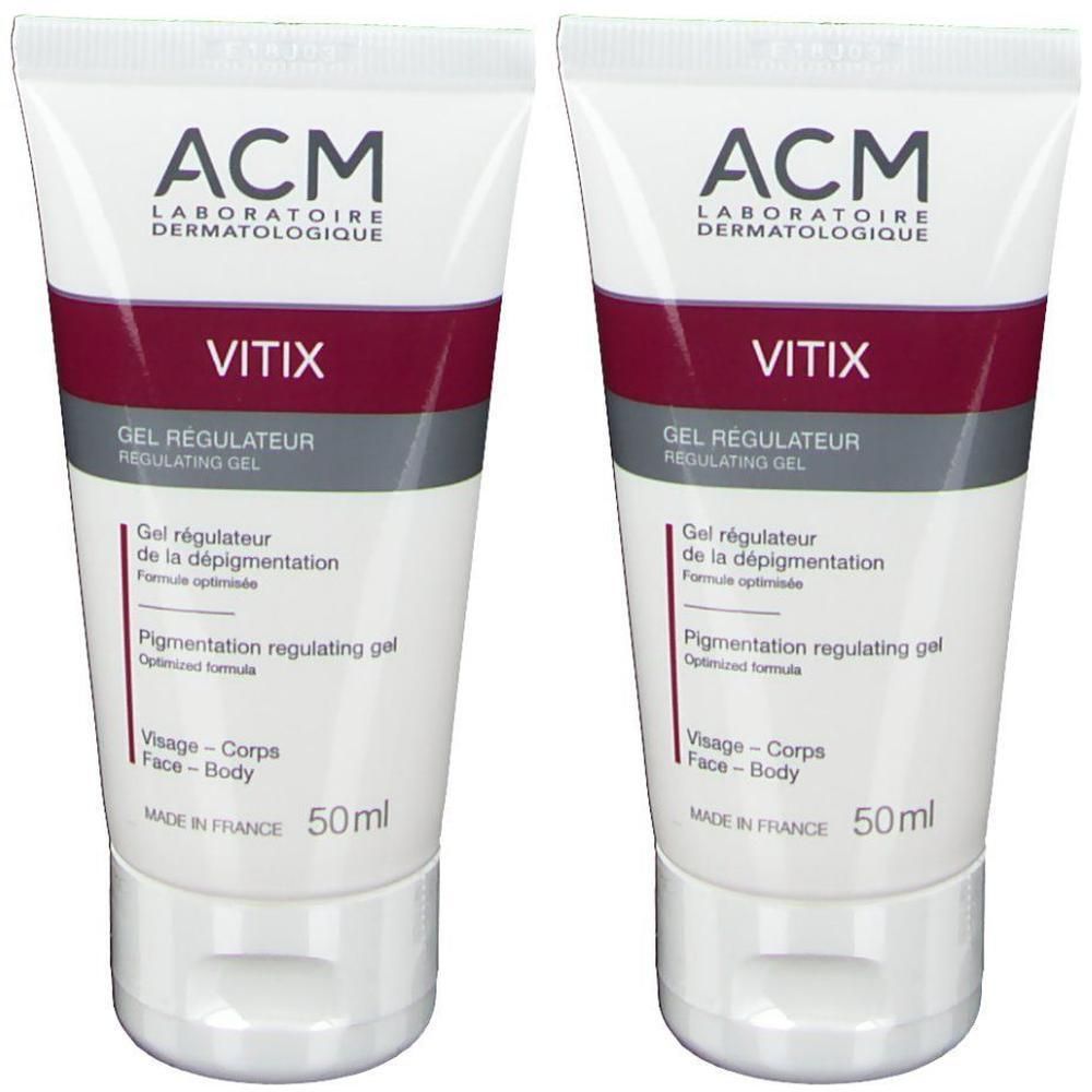 Zwei Tuben VITIX Gel. Weiße Tuben mit rotem und grauem Streifen. Aufschrift: ACM, VITIX, Gel Régulateur, 50ml.