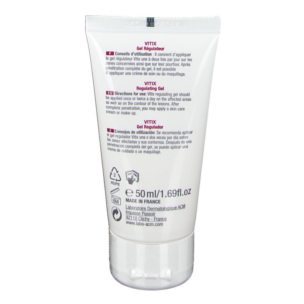 Rückseite einer Tube VITIX Gel. Weiße Tube mit Text in mehreren Sprachen. Herstellerinformationen.