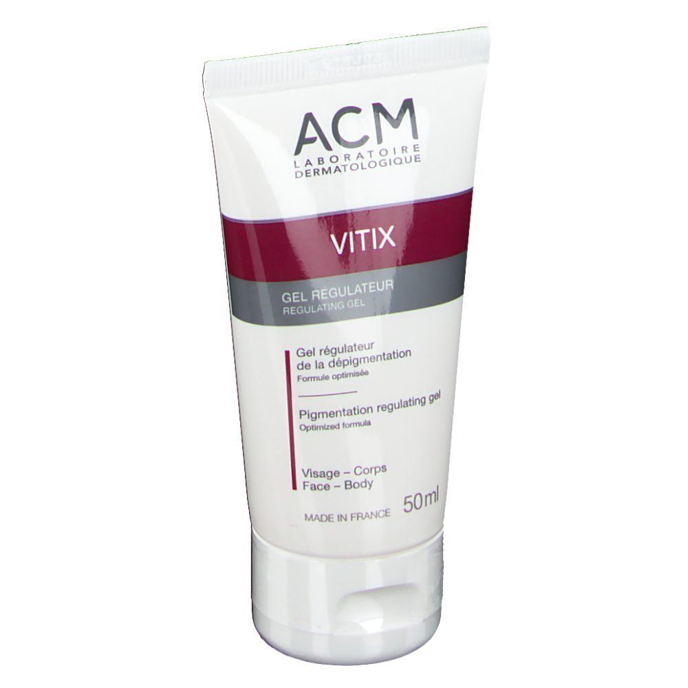 Tube VITIX Gel. Weiße Tube mit rotem und grauem Streifen. Aufschrift: ACM, VITIX, Gel Régulateur, 50ml.