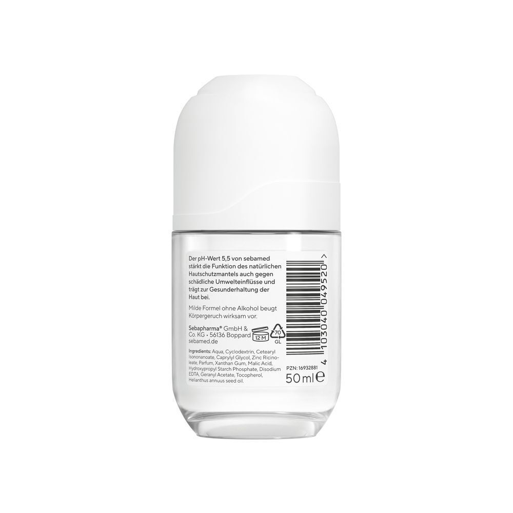 Rückseite eines Roll-on-Deodorants. Weiße Kappe, transparente Flasche. Text und Barcode. Aufschrift: 50ml.