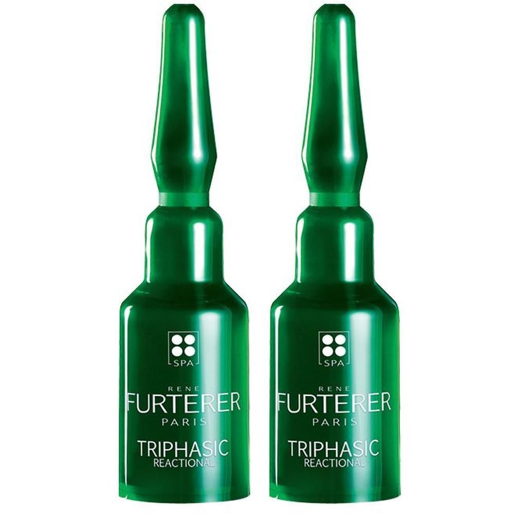 Zwei grüne Ampullen. Aufschrift: René Furterer Paris, Triphasic Reactional.