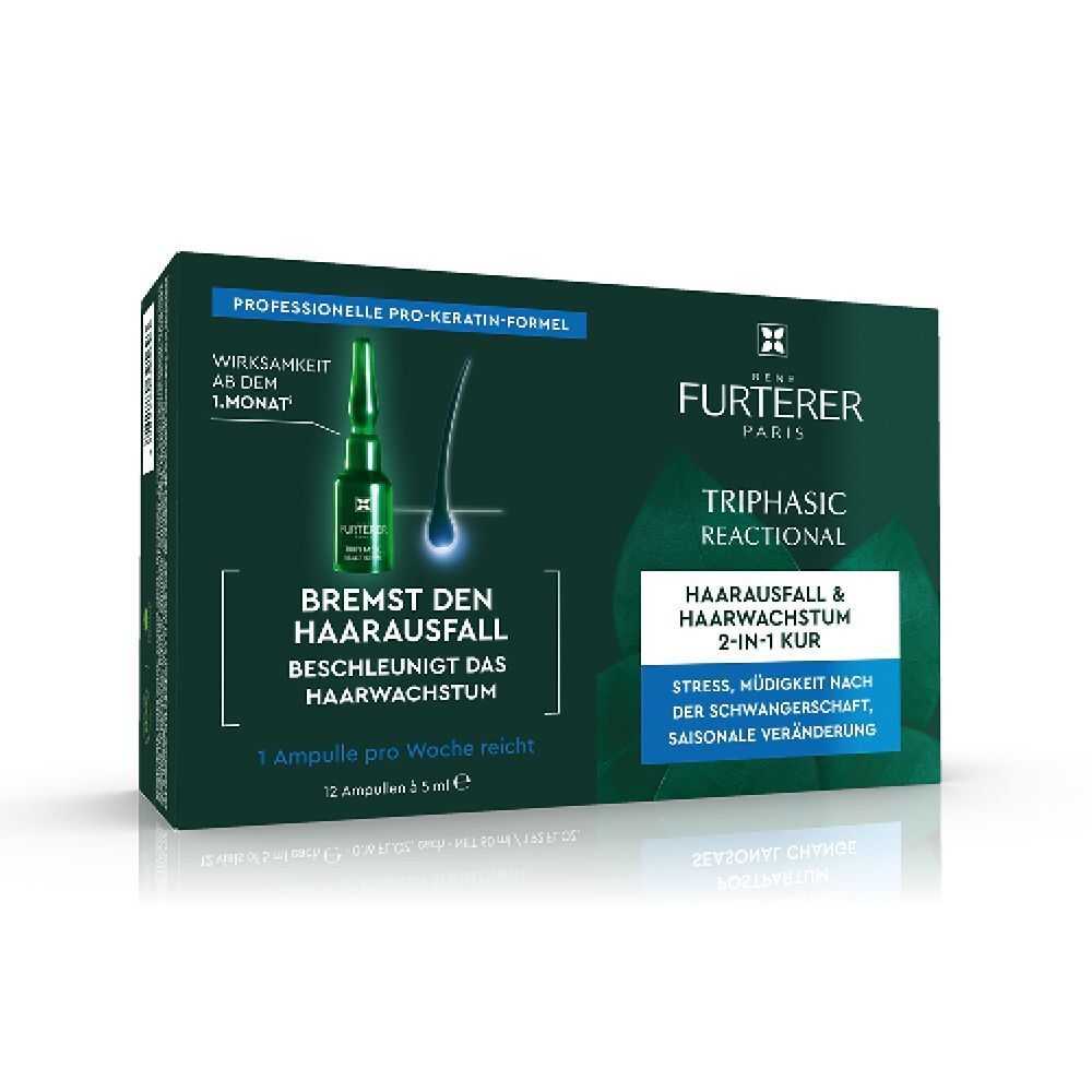 Verpackung mit Ampullen. Aufschrift: Triphasic Reactional, 2-in-1 Kur. Hilft bei Haarausfall und Haarwachstum.