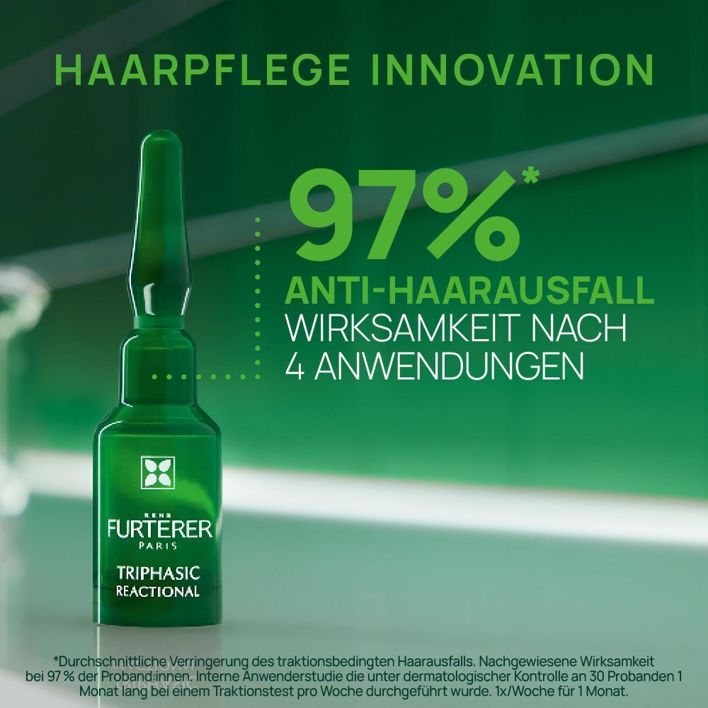Ampulle. Aufschrift: René Furterer Paris, Triphasic Reactional. 97% Wirksamkeit nach 4 Anwendungen.