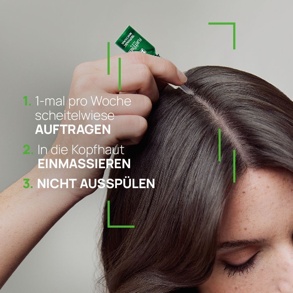 Anwendungsschritte: 1. Scheitelweise auftragen. 2. Einmassieren. 3. Nicht ausspülen.