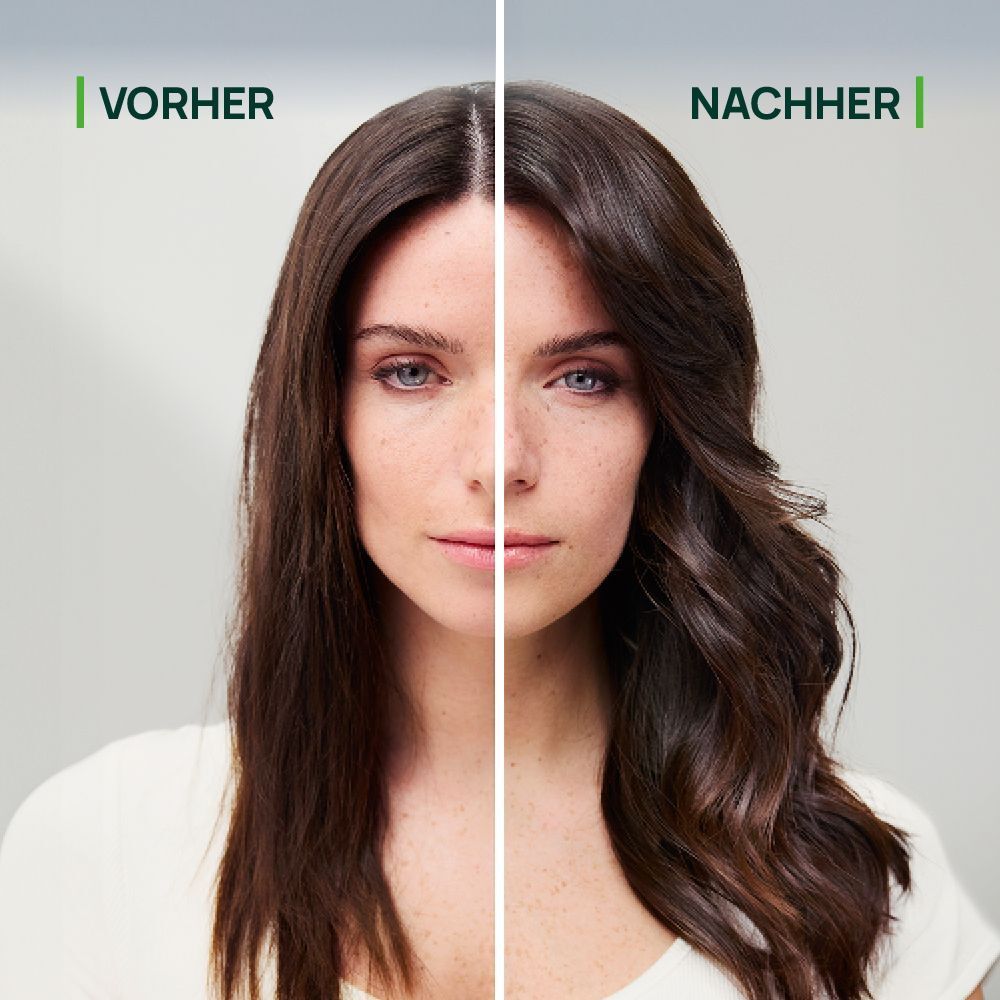Vorher-Nachher-Vergleich. Frau mit dünnem und dann vollem Haar.