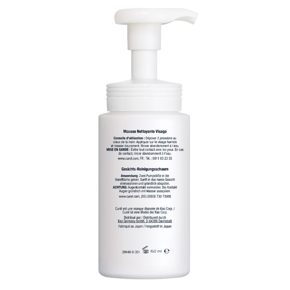 Rückseite der weißen Flasche mit Pumpaufsatz. Text und Informationen in mehreren Sprachen. 150 ml.