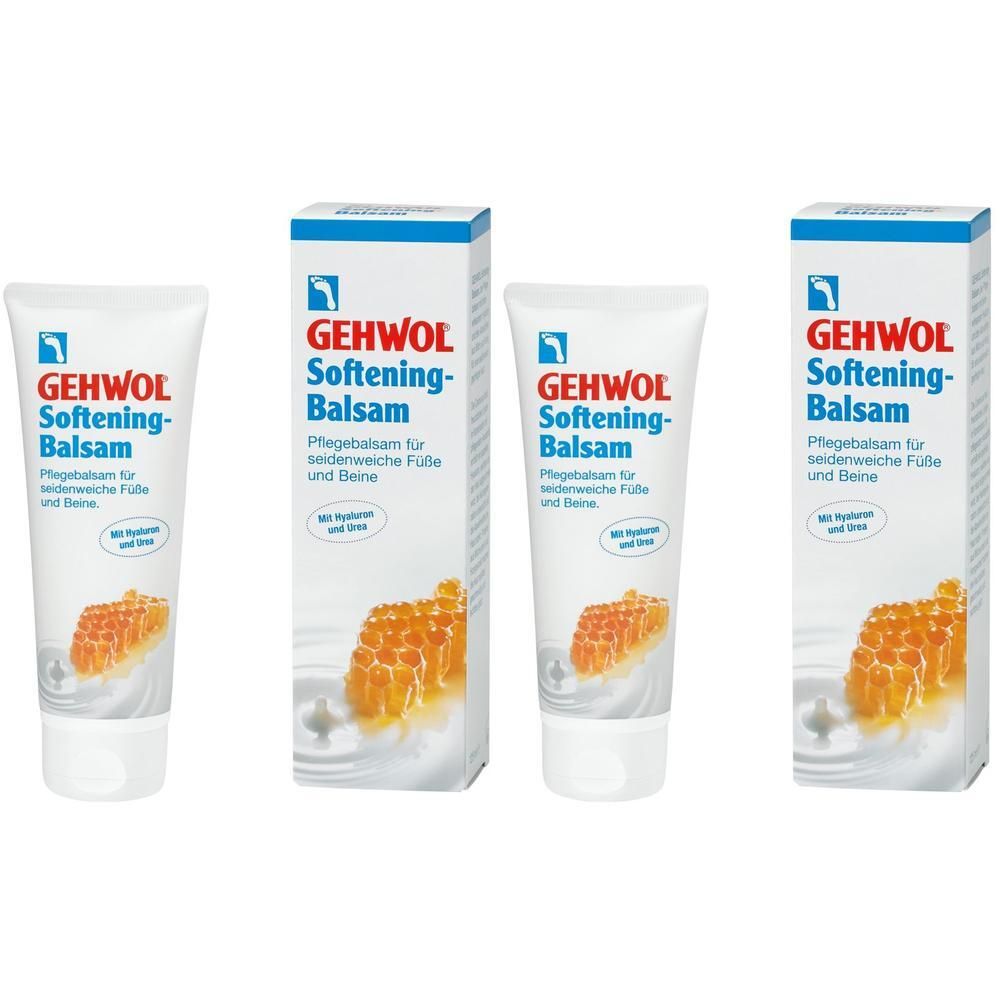 Mehrere Tuben und eine Schachtel mit dem Produkt GEHWOL Softening-Balsam. Aufschrift: Softening-Balsam, Pflegebalsam für seidenweiche Füße und Beine.
