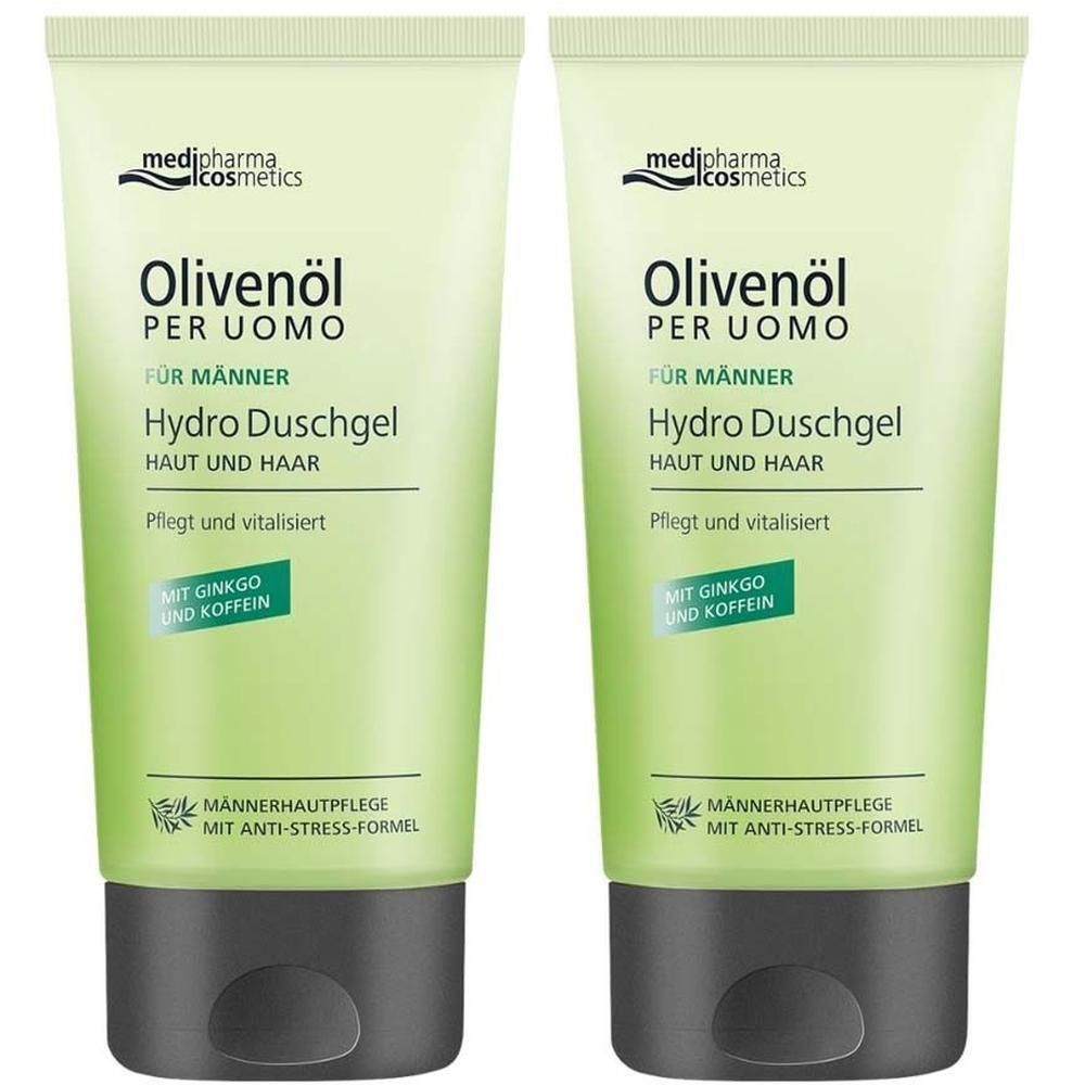 Zwei Tuben Olivenöl PER Uomo Hydro Duschgel. Hellgrüne Tuben mit schwarzem Verschluss. Text: medi-pharma cosmetics, Olivenöl PER Uomo.
