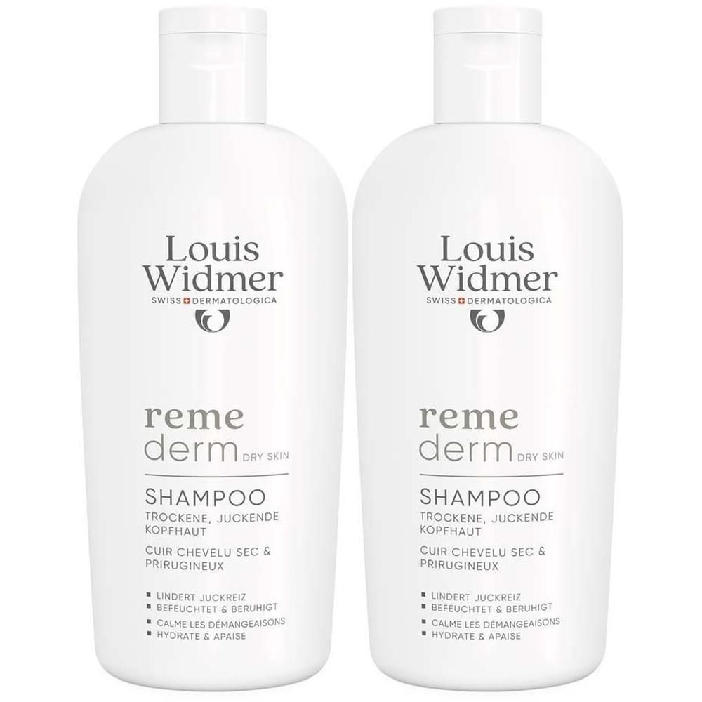 Zwei weiße Flaschen Shampoo. Aufschrift: Louis Widmer, remederm dry skin, Shampoo, für trockene, juckende Kopfhaut.