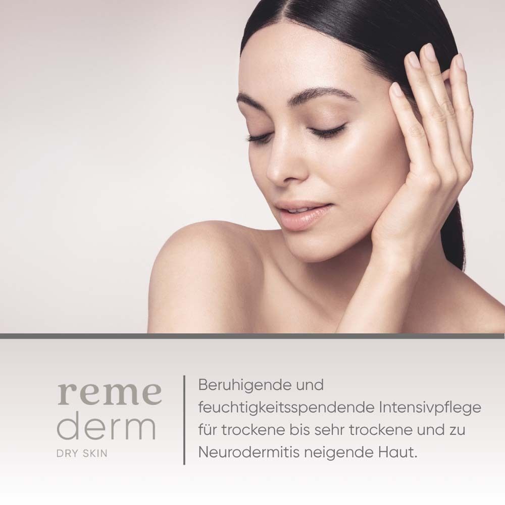 Frau berührt ihr Gesicht. Text: remederm dry skin, beruhigende und feuchtigkeitsspendende Intensivpflege für trockene bis sehr trockene Haut.