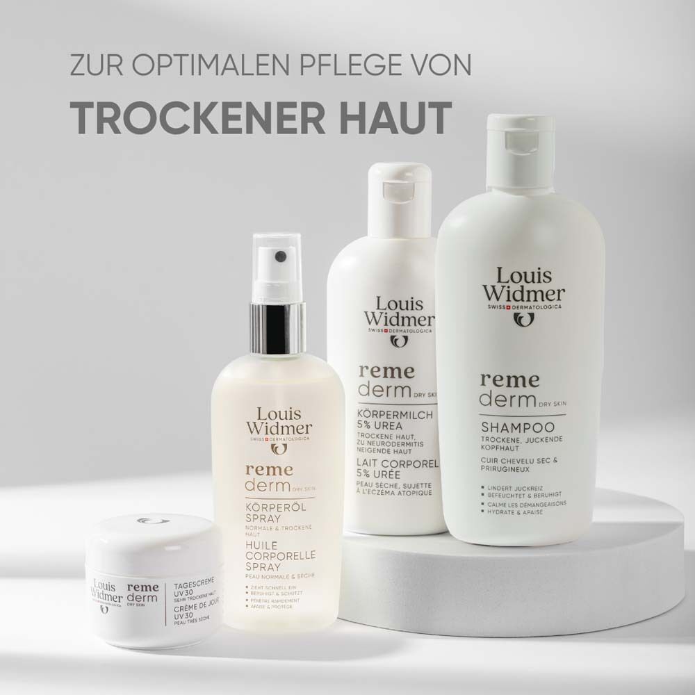 Verschiedene Produkte: Shampoo, Körpermilch, Körperspray, Creme. Aufschrift: Louis Widmer, remederm dry skin.