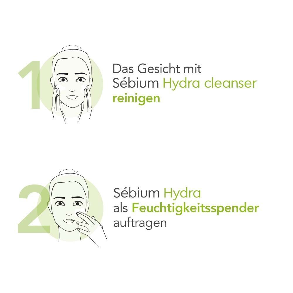 Illustration: Schritte zur Anwendung. Gesicht reinigen mit Sébium Hydra cleanser, dann Feuchtigkeitspflege auftragen.