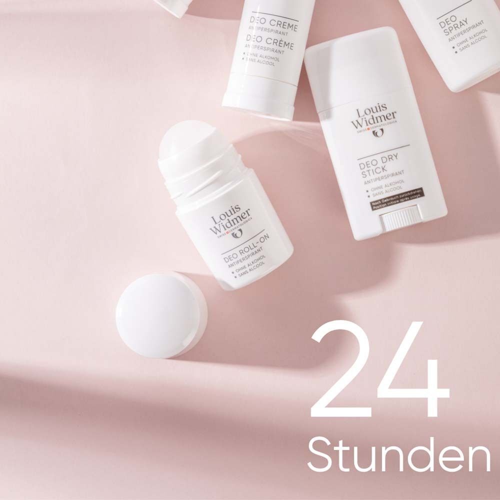 Roll-on-Deo und andere Produkte auf rosa Hintergrund. Aufschrift: Louis Widmer, Deo Roll-on, 24 Stunden.