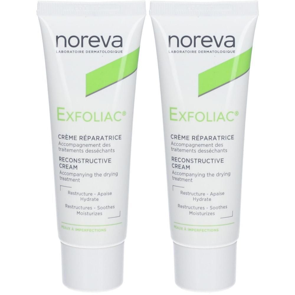 Zwei Tuben Creme. Aufschrift: Noreva, Exfoliac, Crème réparatrice, Reconstructive Cream. Weiße Tuben mit grünen Akzenten.