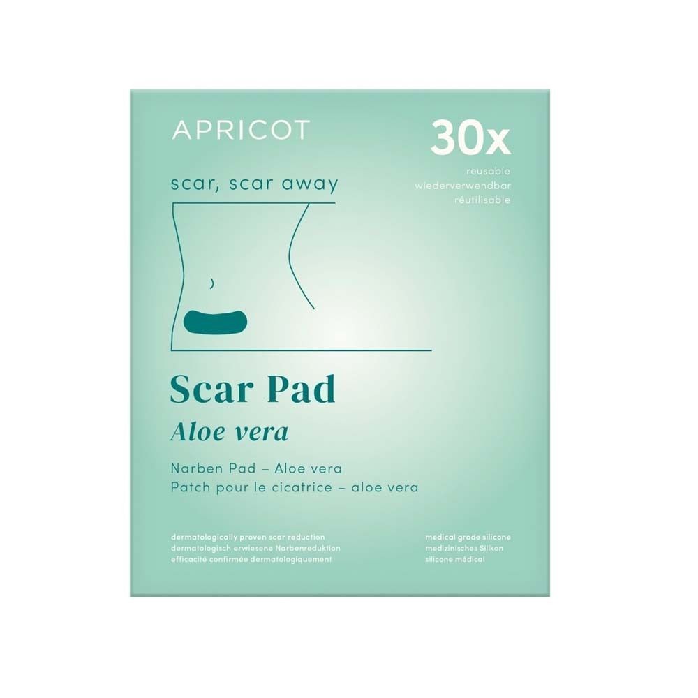 Verpackung mit Aufdruck: APRICOT, Scar Pad Aloe vera. Abbildung einer Bauchpartie. Text: 30x, Narben Pad - Aloe vera.
