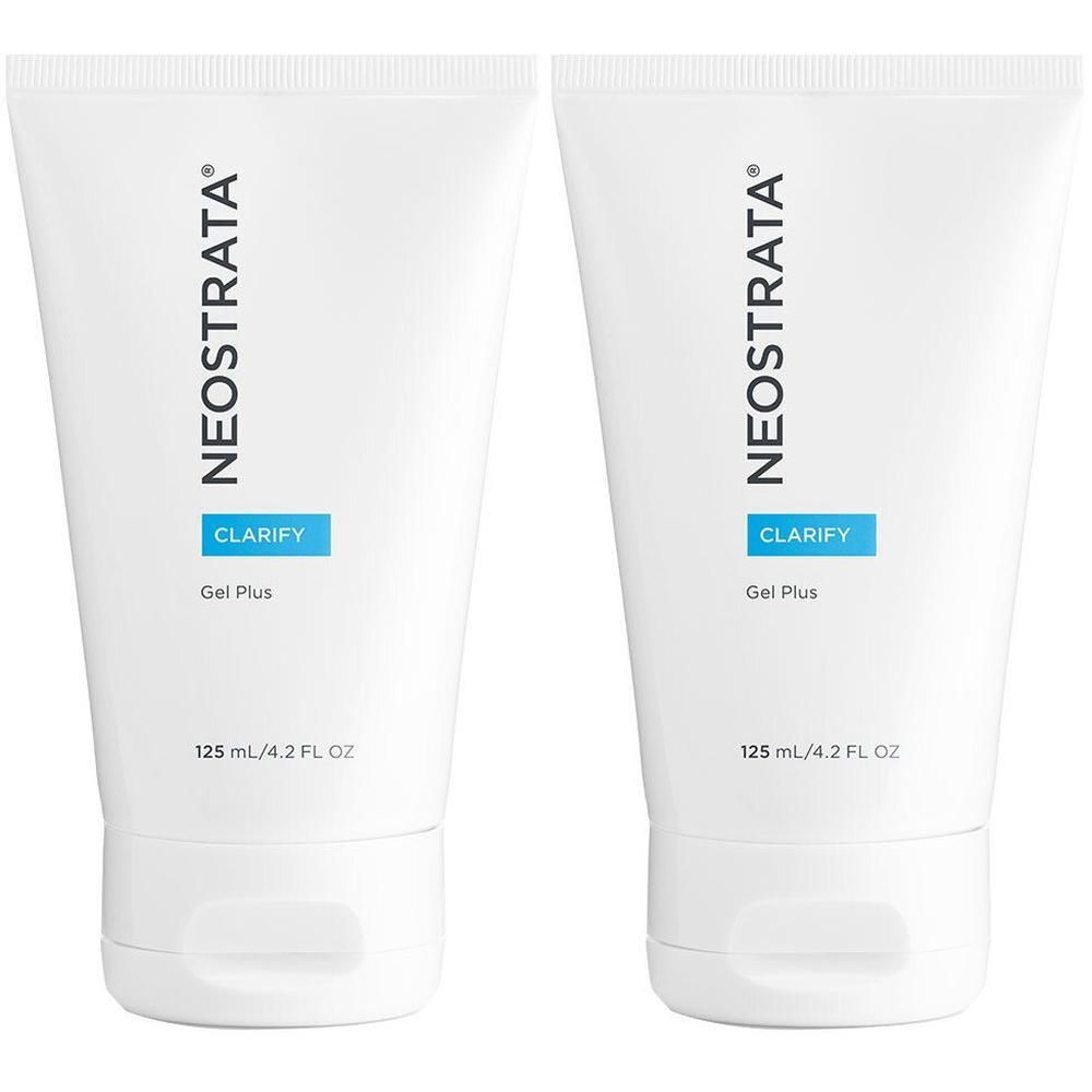 Zwei weiße Tuben mit Produkt. Aufschrift: NEOSTRATA, CLARIFY, Gel Plus. Volumen: 125 ml / 4.2 FL OZ.