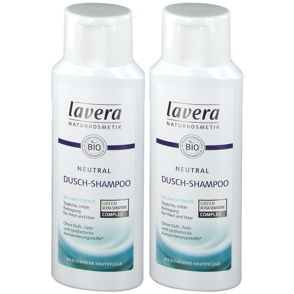 Zwei weiße Flaschen mit weißem Deckel. Aufschrift: lavera, BIO, NEUTRAL DUSCH-SHAMPOO. Grün-weiße Aufkleber. Medizinische Hautpflege.