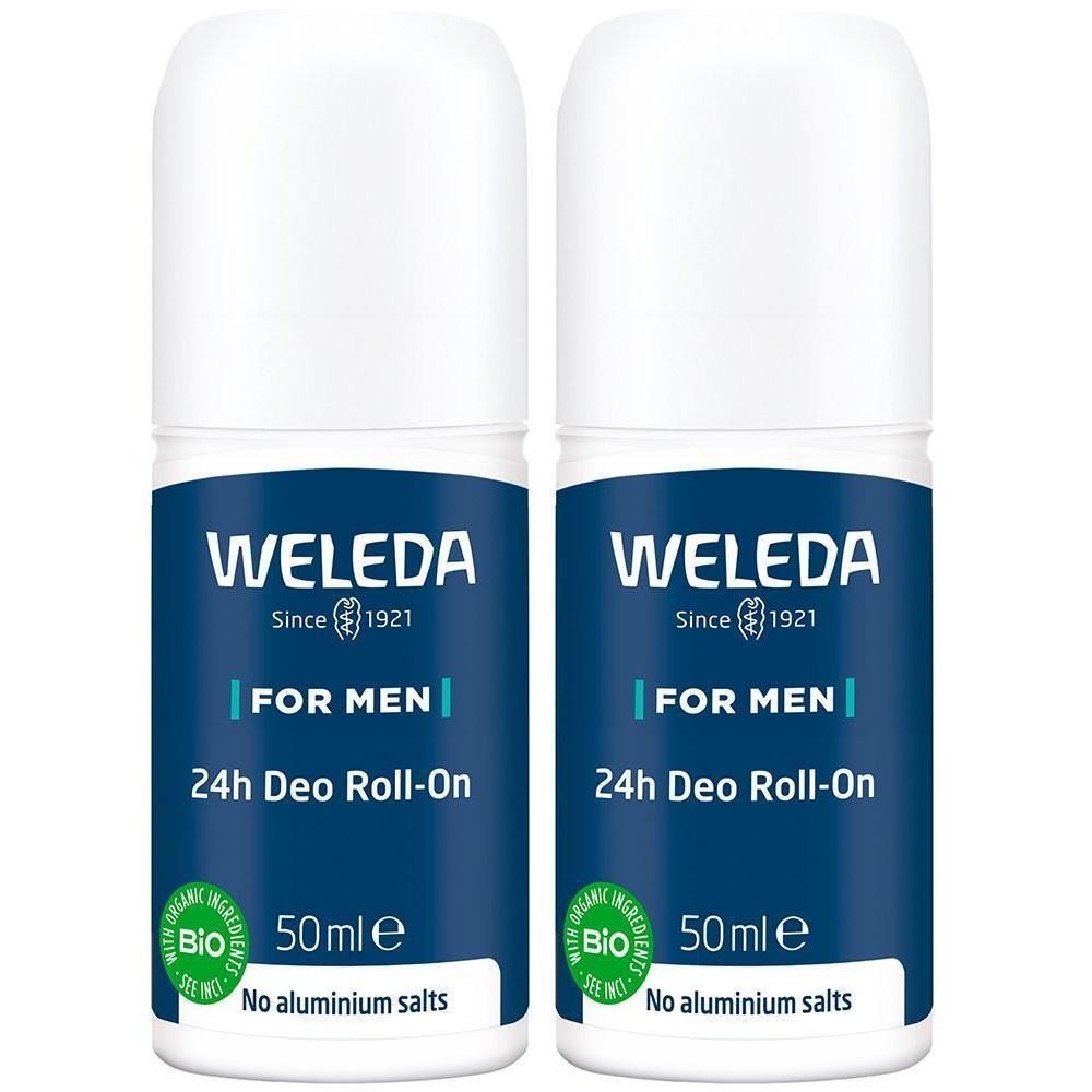 Zwei weiße Roll-on-Deodorants mit blauen Etiketten. Aufschrift: WELEDA, FOR MEN, 24h Deo Roll-On, 50ml e, Bio-Siegel. Keine Aluminiumsalze.