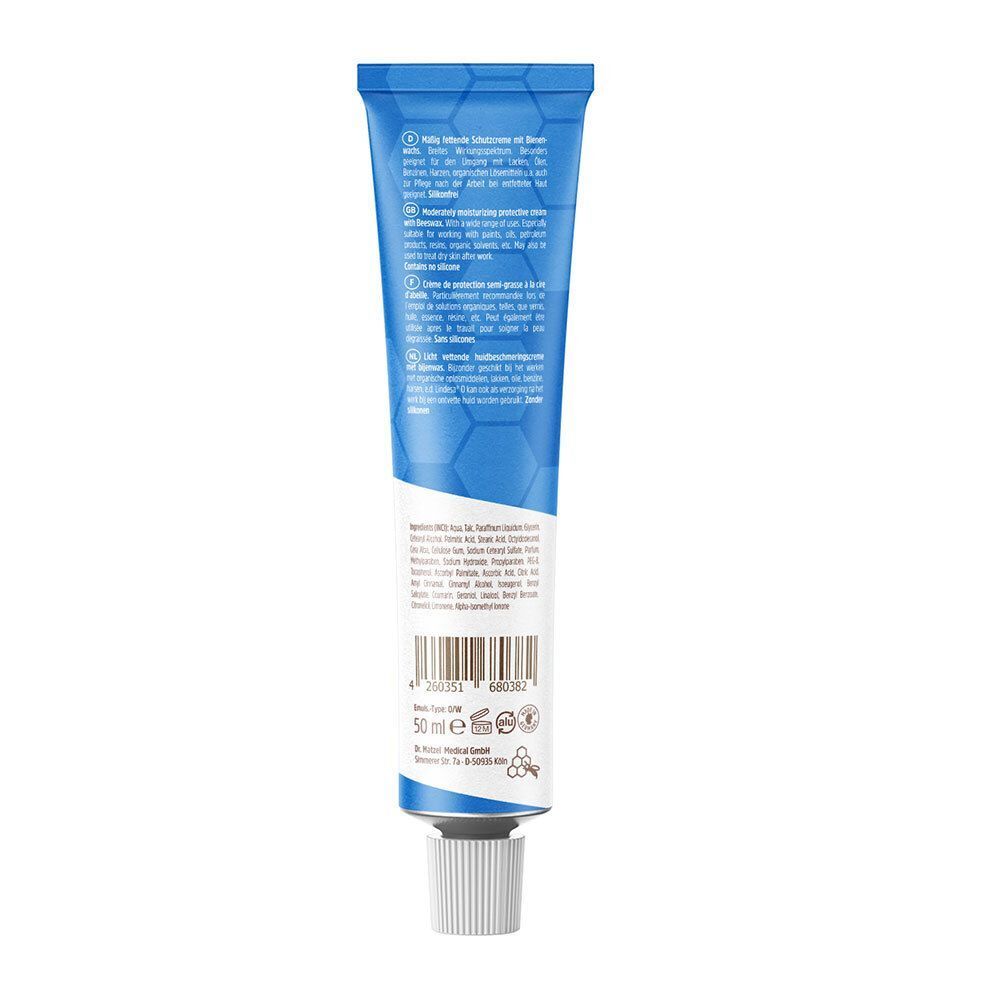 Rückseite einer blauen Tube. Text in mehreren Sprachen. Aufschrift: Hautschutz- und Pflegecreme. Dermatologisch getestet.