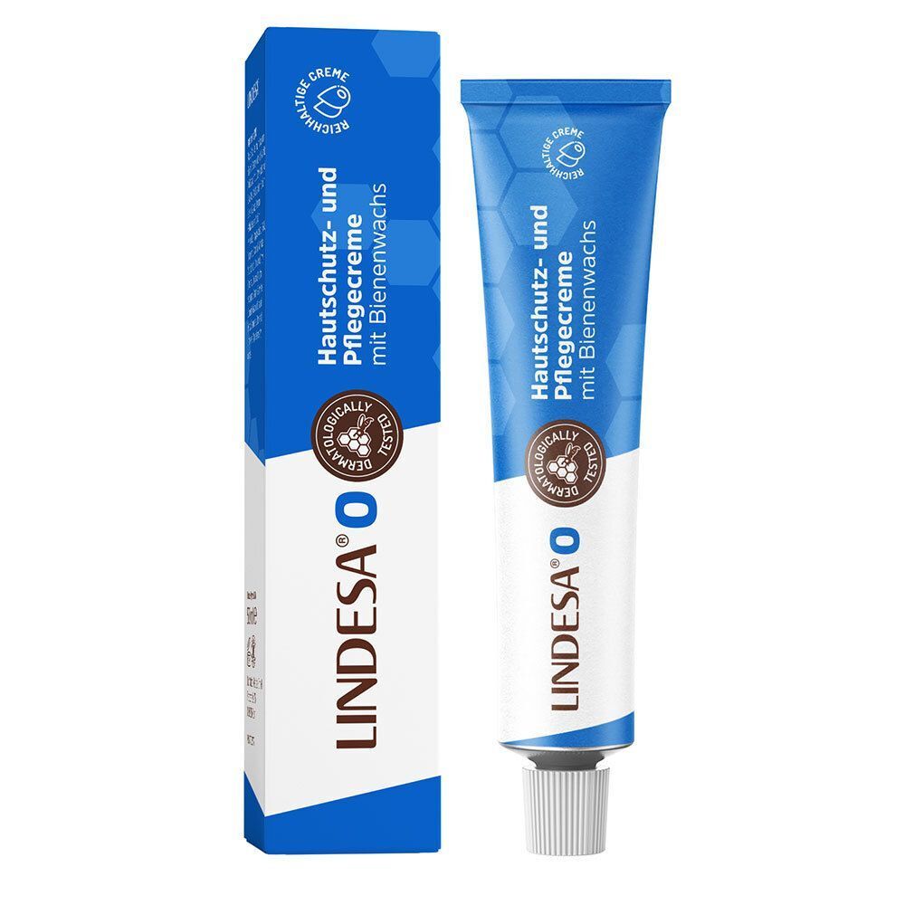 Blaue Tube und Schachtel. Aufschrift: Hautschutz- und Pflegecreme mit Bienenwachs. Marke: LINDESA O. Dermatologisch getestet.