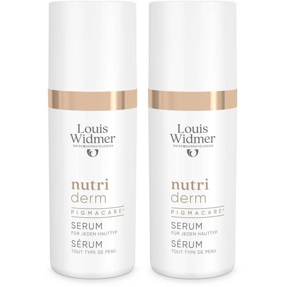 Zwei weiße Flaschen mit goldfarbenen Ringen. Aufschrift: Louis Widmer, nutriderm Pigmacare Serum. Schweizer Dermatologica.