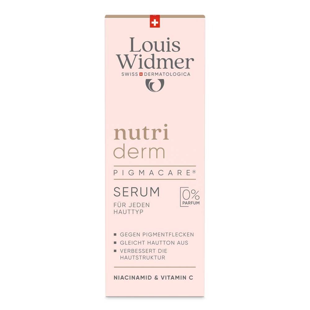 Rosa Verpackung mit Aufschrift: Louis Widmer, nutriderm Pigmacare Serum. Enthält 0% Parfum. Schweizer Dermatologica.