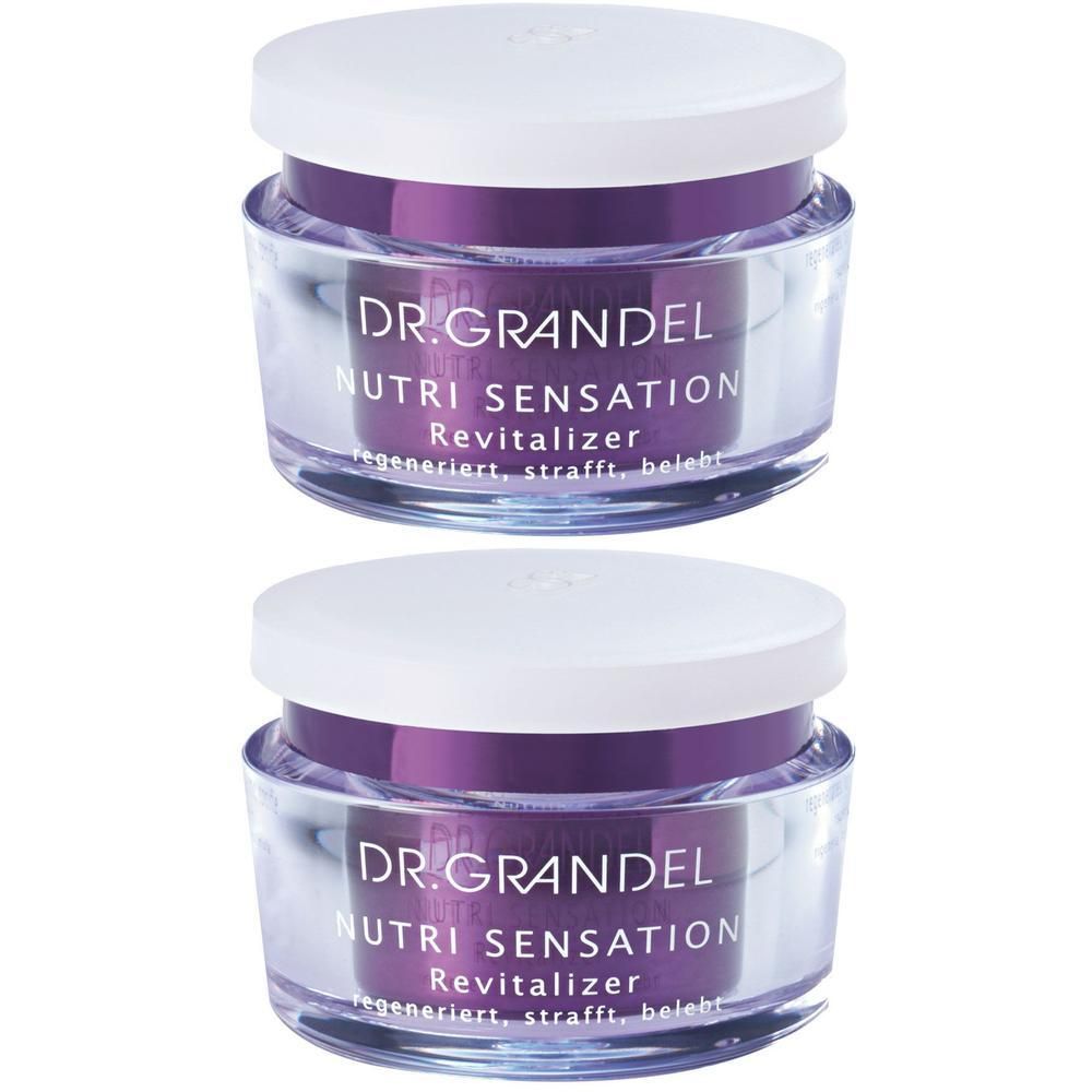 Zwei Tiegel Creme, DR. GRANDEL Nutri Sensation Revitalizer. Glasbehälter mit weißem Deckel und lila Akzenten. Beschriftung deutlich sichtbar.