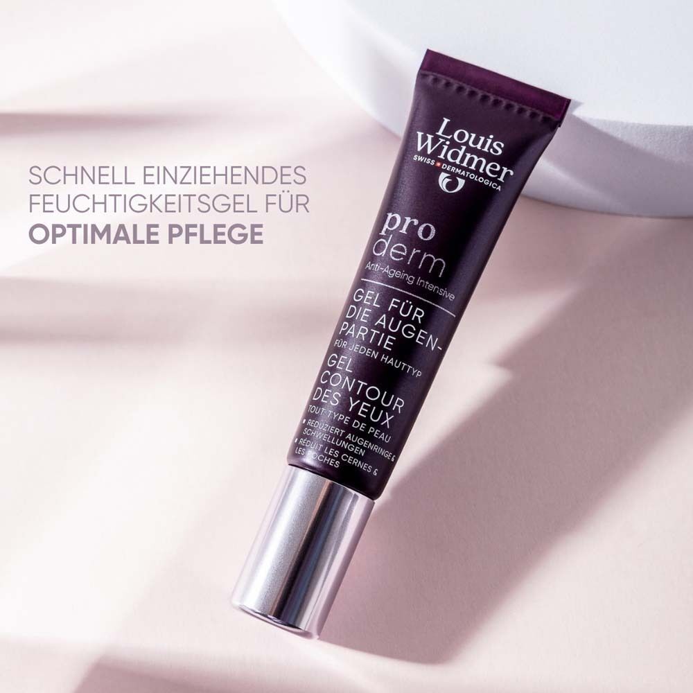 Tube Gel f.d. Augenpartie. Dunkelblaue Tube mit silbernem Verschluss. Text: Louis Widmer, pro derm, Gel Contour des yeux. Aufschrift: Schnell einziehendes Feuchtigkeitsgel.