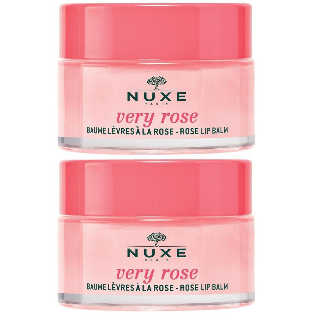 Zwei rosa Lippenbalsam-Tiegel mit rosa Deckel. Aufschrift: NUXE Very Rose. Text: Baume Lèvres à la Rose.