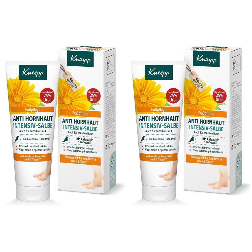 Zwei Tuben und zwei Kartons. Aufschrift: Anti Hornhaut Intensiv-Salbe. Mit 25% Urea. Fußpflege. Bio Calendula Orangenöl.