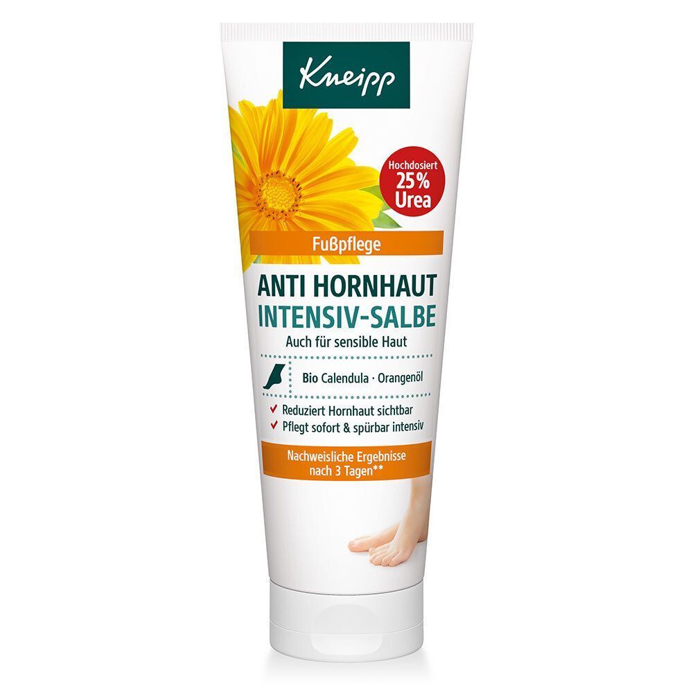 Tube. Aufschrift: Anti Hornhaut Intensiv-Salbe. Mit 25% Urea. Fußpflege. Bio Calendula Orangenöl. Für sensible Haut.