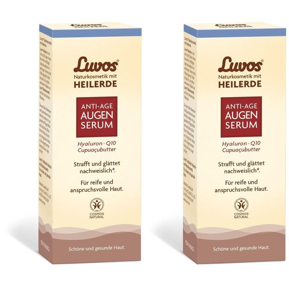 Zwei identische Kartons. Aufdruck: Luvos Heilerde Anti-Age Augenserum. Text: Strafft und glättet, für reife Haut. Cosmos Natural Siegel.