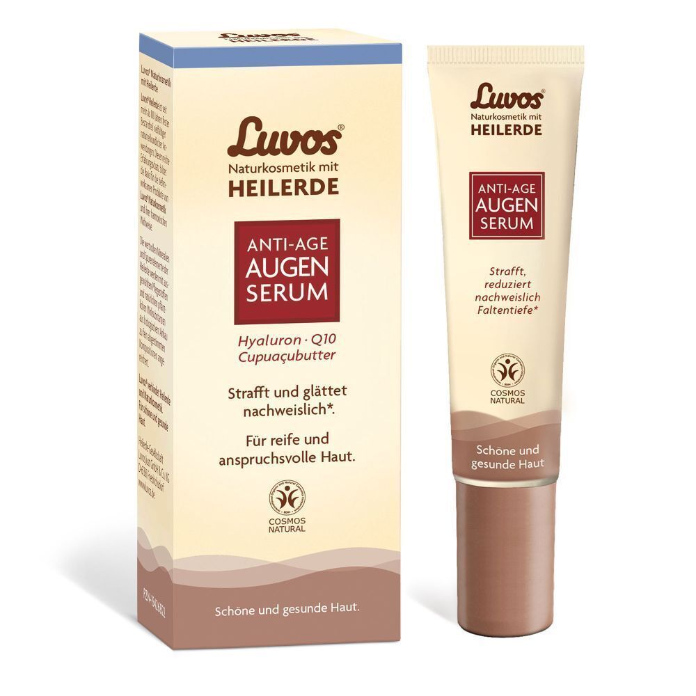 Eine Tube und eine Verpackung. Aufdruck: Luvos Heilerde Anti-Age Augenserum. Text: Strafft und glättet. Cosmos Natural Siegel.