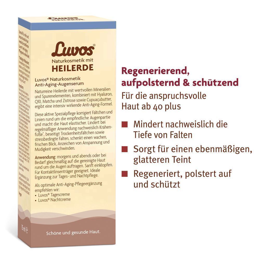 Text auf Verpackung: Luvos Heilerde Anti-Age Augenserum. Text: Regenerierend, aufpolsternd & schützend. Für Haut ab 40 plus. Cosmos Natural Siegel.