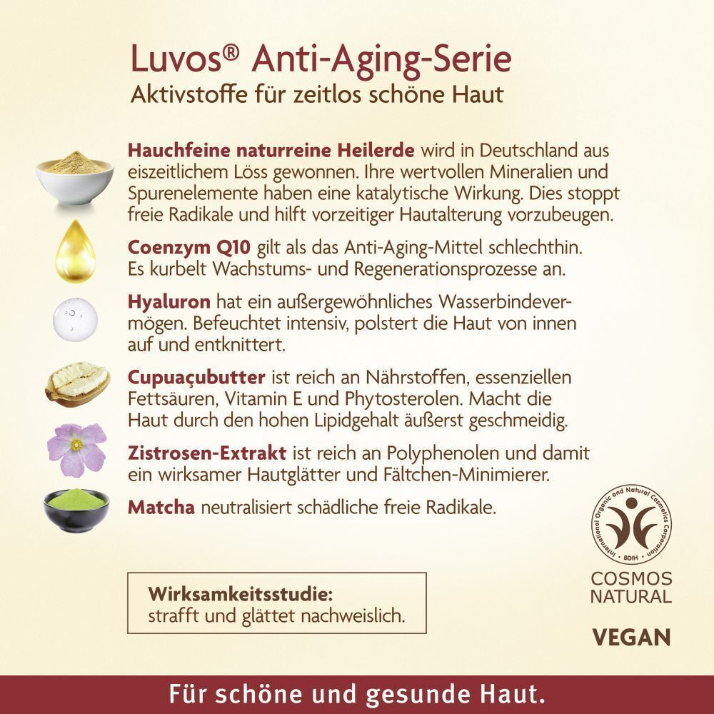 Text: Luvos Anti-Aging-Serie. Inhaltsstoffe: Heilerde, Coenzym Q10, Hyaluron, Cupuaçubutter, Zistrosen-Extrakt, Matcha. Vegan-Siegel.
