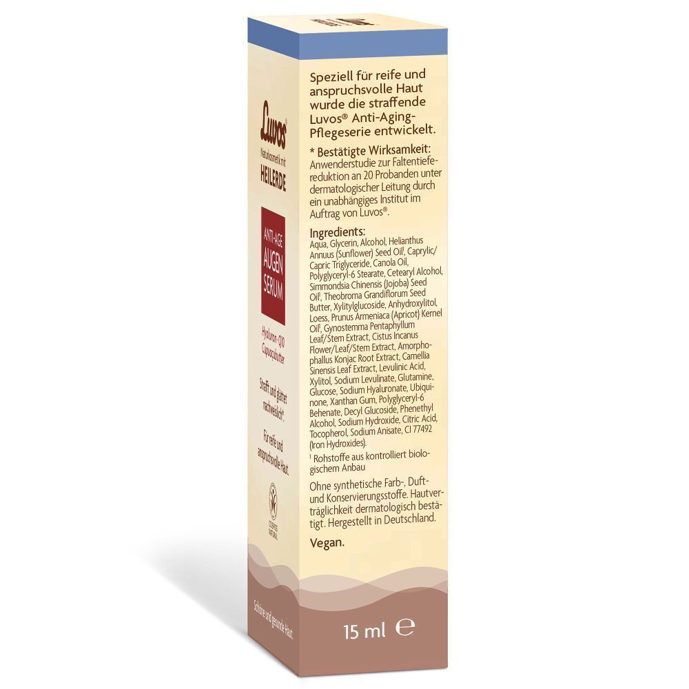Rückseite der Verpackung. Text: Luvos Heilerde Anti-Age Augenserum. Inhaltsstoffe. 15 ml. Vegan. Hergestellt in Deutschland.