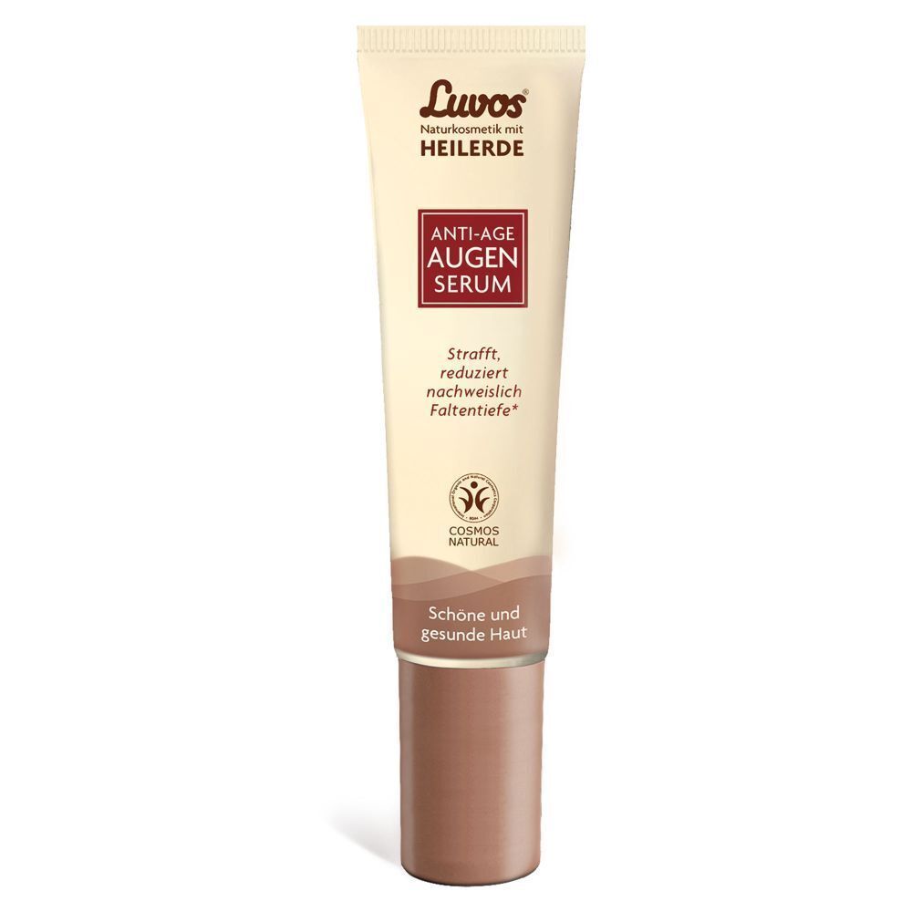 Tube. Aufdruck: Luvos Heilerde Anti-Age Augenserum. Text: Strafft, reduziert Faltentiefe. Cosmos Natural Siegel.