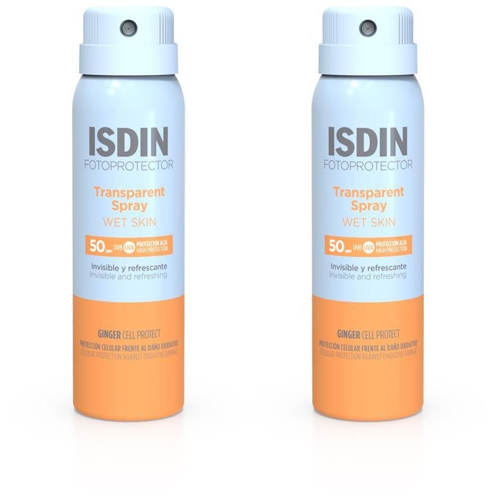 Zwei ISDIN Fotoprotector Wet Skin Transpar. Spray LSF 50 Flaschen. Hellblaue Flaschen mit orangefarbenem Boden. Produktname und LSF 50.