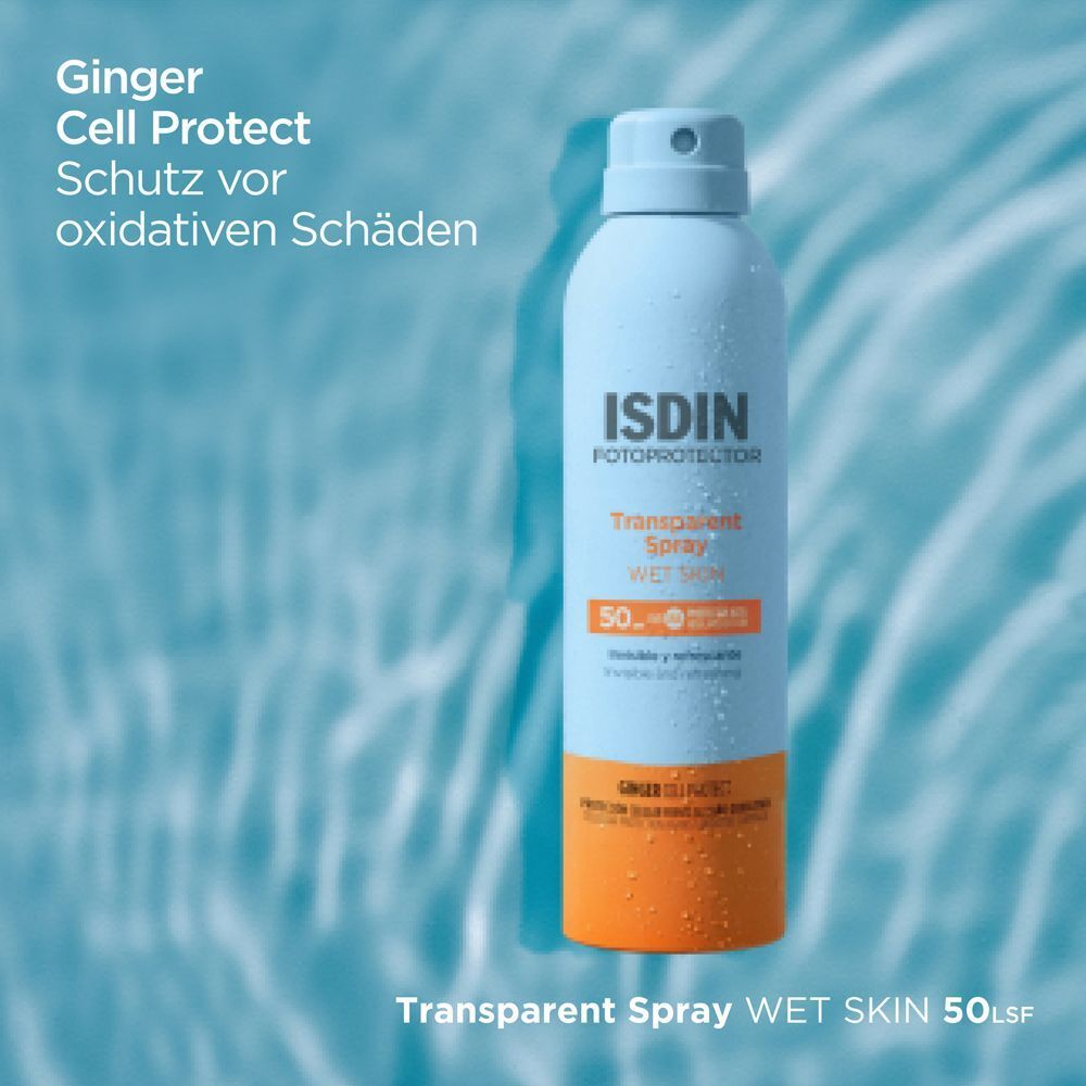 ISDIN Fotoprotector Wet Skin Transpar. Spray LSF 50. Hellblaue Flasche mit orangefarbenem Boden. Text: Ginger Cell Protect, Schutz vor oxidativen Schäden.
