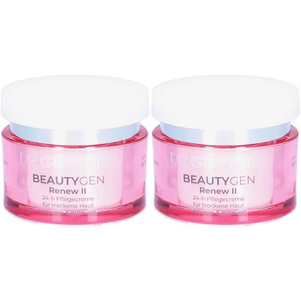 Zwei rosa Tiegel mit weißem Deckel. Aufschrift: BEAUTYGEN Renew II, 24-h Pflegecreme für trockene Haut.