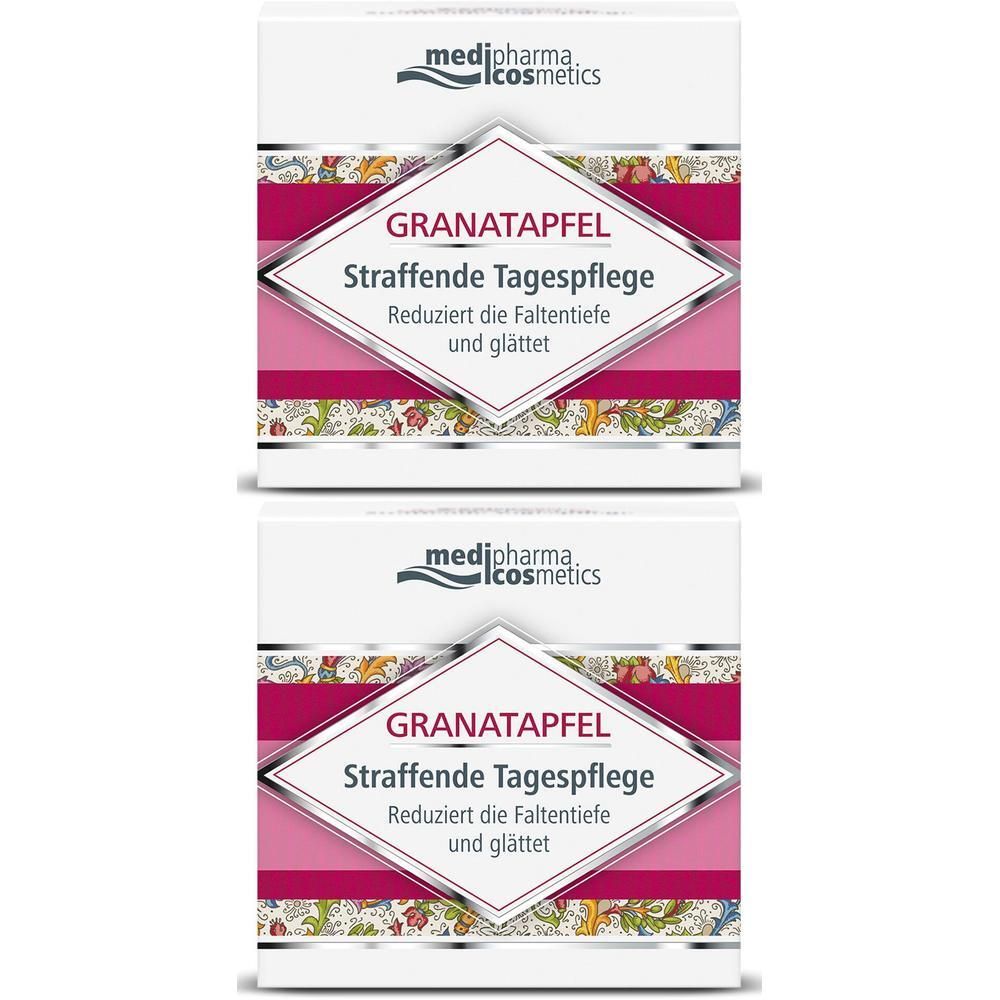 Zwei Packungen Tagespflege. Weiße Kartons mit Logo und Produktnamen in einem rautenförmigen Feld. Text: Granatapfel, Straffende Tagespflege.