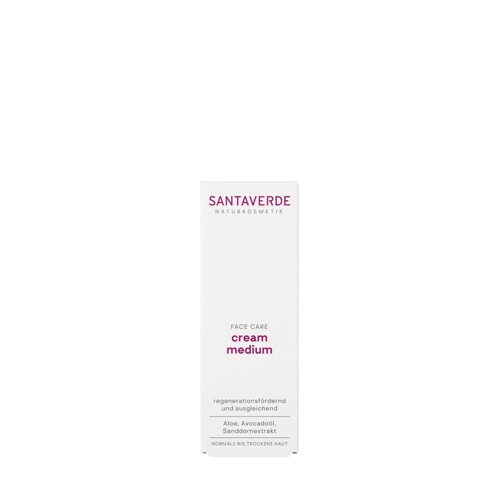 Verpackung von SANTAVERDE Creme medium. Weißer Karton mit lila Schriftzug. Aufschrift: FACE CARE cream medium. Für normale bis trockene Haut.