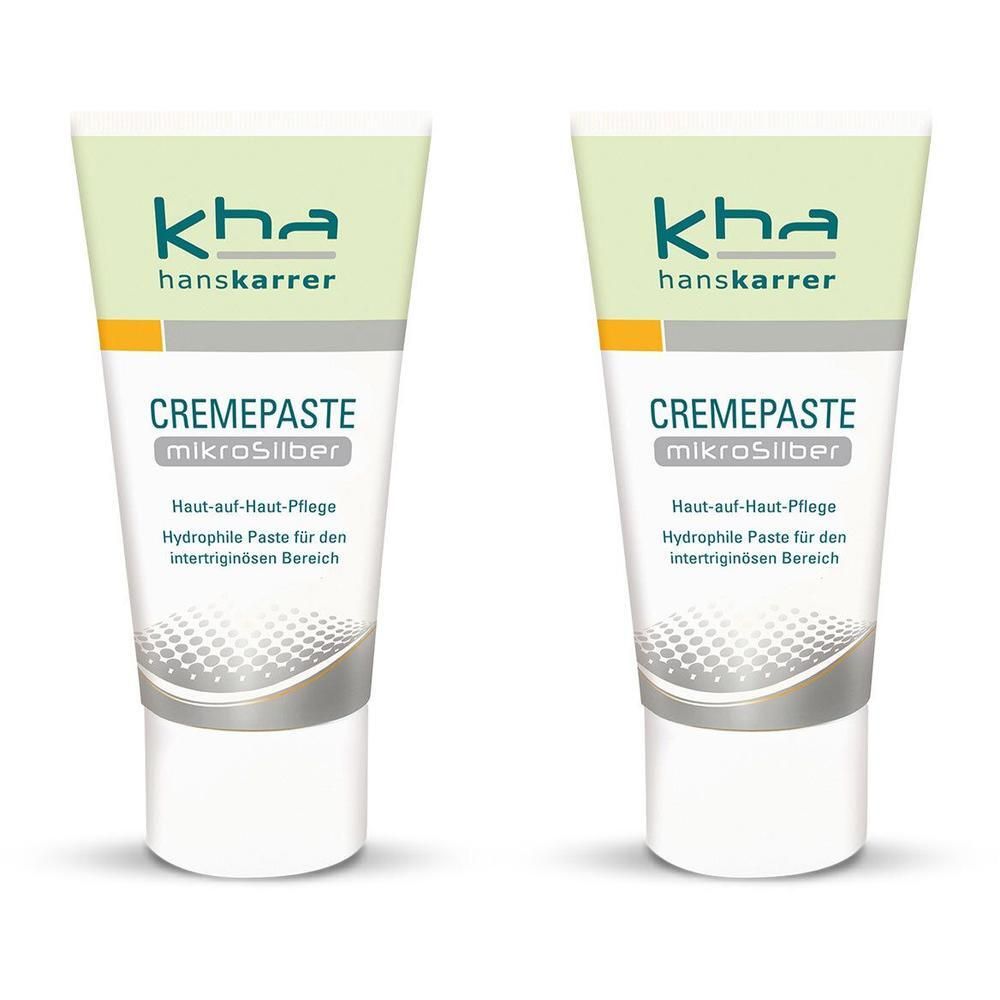 Zwei Tuben Cremepaste. Aufschrift: kha hanskarrer, CREMEPASTE mikroSilber. Text: Haut-auf-Haut-Pflege, Hydrophile Paste für den intertriginösen Bereich.