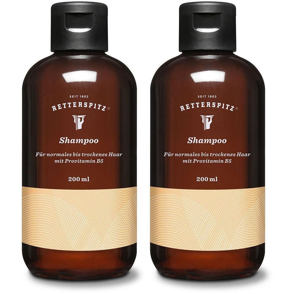 Zwei braune Shampoo-Flaschen mit schwarzem Deckel. Aufschrift: RETTERSPITZ Shampoo, für normales bis trockenes Haar mit Provitamin B5. 200 ml.